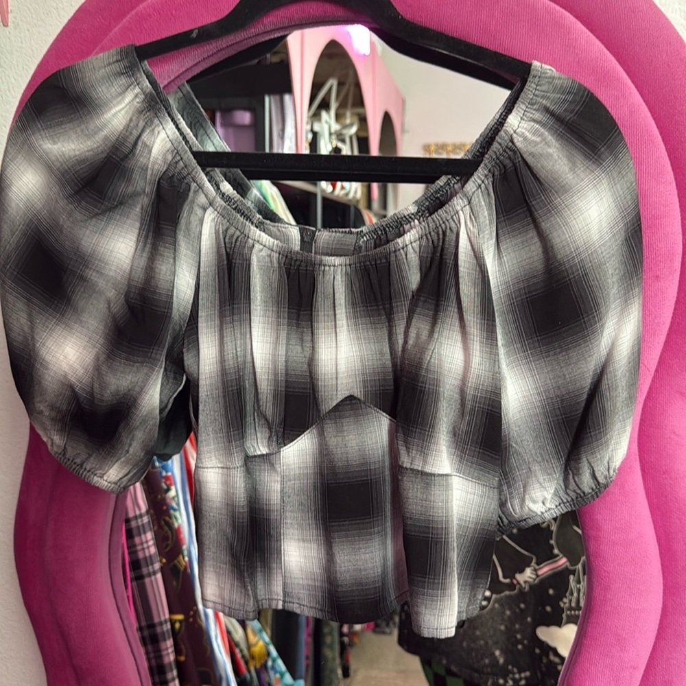 Hell Bunny London Plaid Puff Sleeve Top